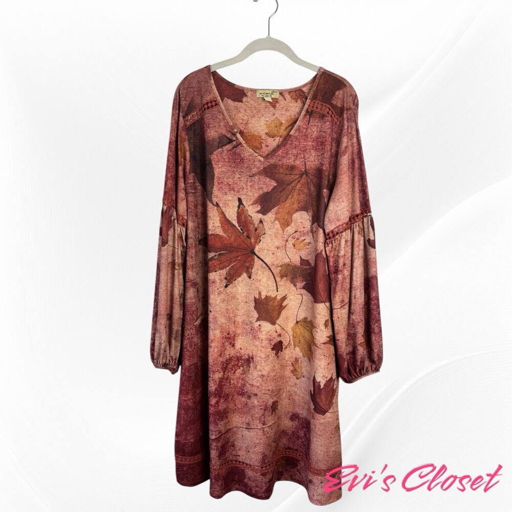 One World Dress Brown Red Long Sleeve Charming Art Leaf Print Crochet Sz XXL